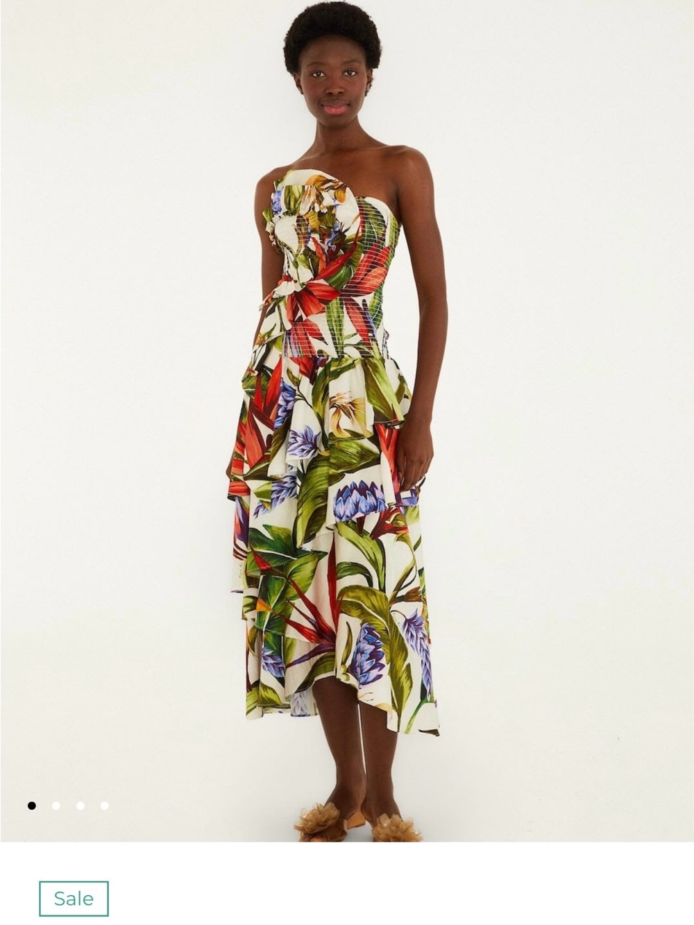 Strapless Tropical Print Midi Dress - White Multi